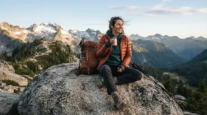 An 800 fill down jacket for ultralight hikers layered over a fleece mid-layer during a chilly morning break.