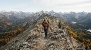 An 800 fill down jacket for ultralight hikers worn by a backpacker hiking a rugged mountain ridge in autumn.