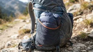 An 800 fill down jacket for ultralight hikers shown packed down small inside an open backpack side pocket.