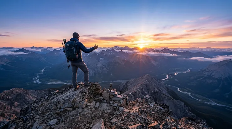 An 800 fill down jacket for ultralight hikers worn by a hiker watching the sunrise from a summit peak.