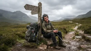 An 800 fill down jacket for ultralight hikers keeping a long-distance backpacker warm during a wind-swept pass break.