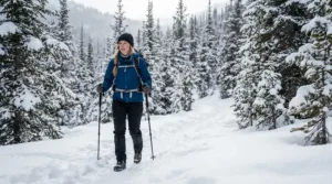 A hiker trekking through deep powder snow in an 800 fill down jacket for women mountaineering.