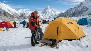 An expedition member utilizing an 800 fill down jacket for women mountaineering at a high-altitude base camp.