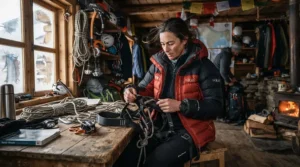A mountaineer organizing her gear while wearing an 800 fill down jacket for women mountaineering.