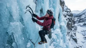 An athlete wearing an 800 fill down jacket for women mountaineering during an ice climbing ascent.