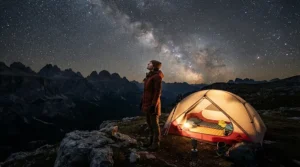 A camper staying warm in her 800 fill down jacket for women mountaineering under a starry winter sky.