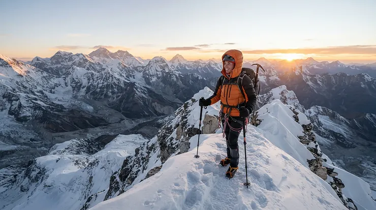A female mountaineer wearing an 800 fill down jacket for women mountaineering while traversing a snowy alpine ridge at sunrise.