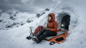 A backpacker staying warm in an 800 fill down jacket for women mountaineering outside a snow cave.