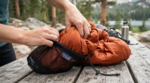 A lightweight 800 fill down jacket being packed into its own travel pouch for backpacking.