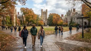 An illustration showing 800 fill down jacket vs 700 fill for everyday wear for students walking across a university campus.