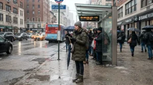 An illustration showing 800 fill down jacket vs 700 fill for everyday wear during a morning city commute in winter.