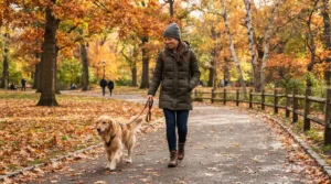An illustration depicting 800 fill down jacket vs 700 fill for everyday wear on a brisk autumn walk in the park.