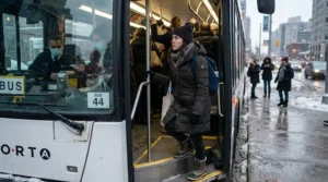 An illustration featuring 800 fill down jacket vs 700 fill for everyday wear boarding a local public transit bus.