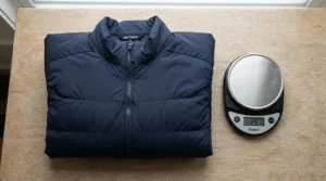 An infographic-style flat lay comparing the warmth-to-weight ratio of an 800 fill down jacket.
