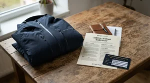 A close-up of a warranty card next to a packable 800 fill down jacket laid out on a wooden table.