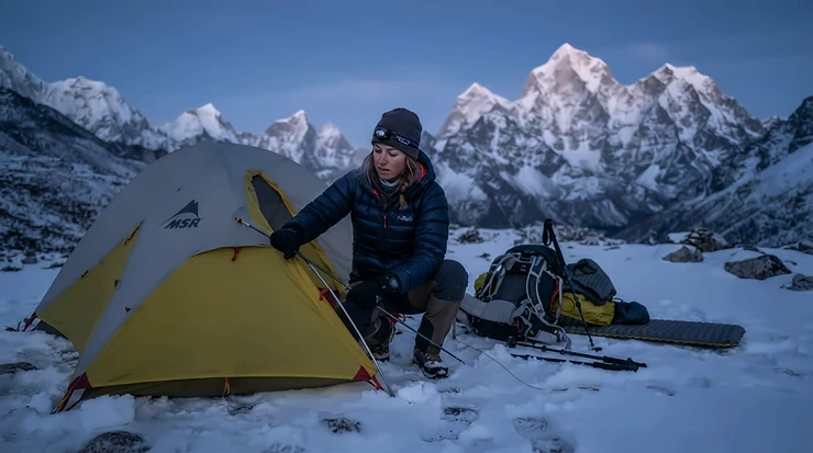 A hiker wearing an 800 fill down jacket while setting up a tent at a snowy campsite in the Rocky Mountains.