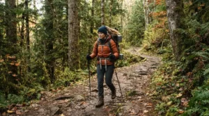 Thru-hiker testing an 800 fill power down jacket vs 900 fill gear on a chilly autumn morning.