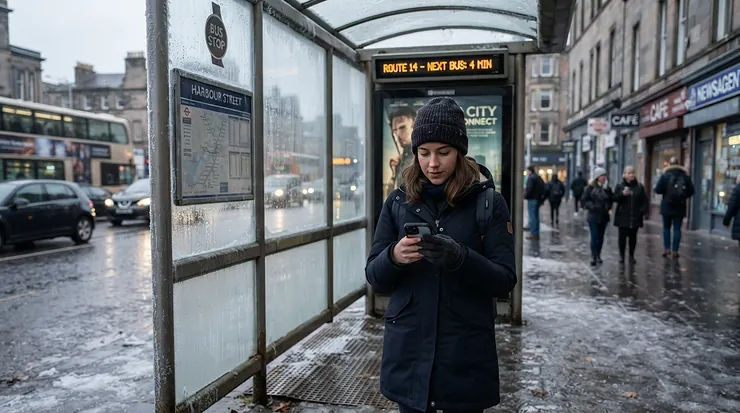 A person checking their smartphone while waiting at an icy bus shelter, depicting down jacket vs parka for city winters.