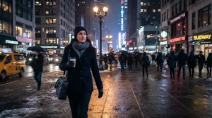 An urban professional walking under streetlights during a freezing evening, comparing down jacket vs parka for city winters.