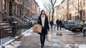 A shopper carrying grocery bags down a brownstone-lined street, relevant to down jacket vs parka for city winters.