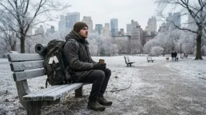 A traveler sitting on a frost-covered city park bench, considering down jacket vs parka for city winters protection.