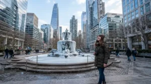 A tourist standing near a frozen public plaza fountain, discussing down jacket vs parka for city winters choices.