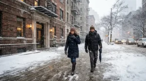 Two pedestrians walking past a brick apartment building in heavy snow, exploring down jacket vs parka for city winters options.