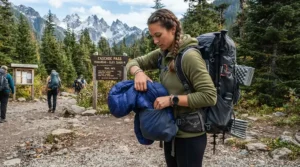 Visualizing down jacket vs synthetic jacket for winter hiking showing compressibility inside a backpack.