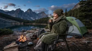 Hiker relaxing at a campsite testing down jacket vs synthetic jacket for winter hiking in freezing temperatures.