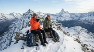 Illustration comparing a down jacket vs synthetic jacket for winter hiking on a snowy mountain ridge.
