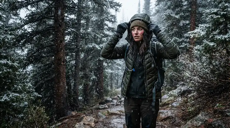 Scene showing down jacket vs synthetic jacket for winter hiking during a freezing rain snow mix.