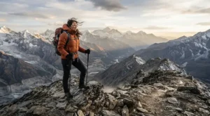 Demonstrating wind protection with a down jacket vs synthetic jacket for winter hiking on an exposed peak.