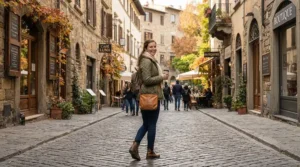 A tourist exploring a historic downtown street wearing a stylish packable 800 fill down jacket for travel.