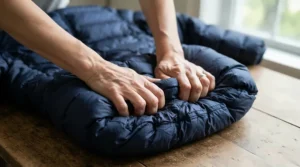 Hands demonstrating the high compressibility ratio of a packable 800 fill down jacket for travel.