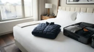 A neatly folded packable 800 fill down jacket for travel resting on a hotel bed next to luggage.