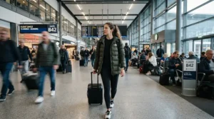 A traveler wearing a packable 800 fill down jacket for travel while walking through a busy airport terminal.