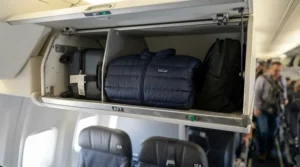 A compact packable 800 fill down jacket for travel placed securely in an airplane overhead bin.