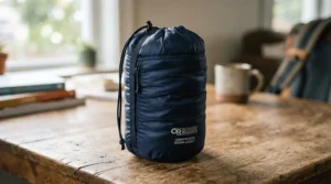 A packable 800 fill down jacket for travel compressed tightly inside its matching travel stuff sack.