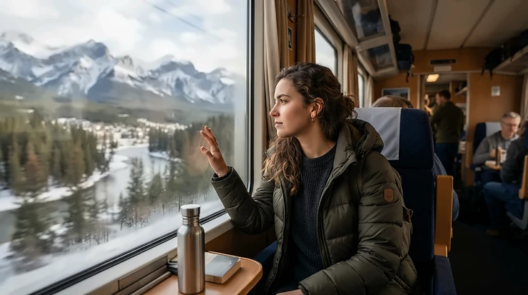 A passenger relaxing by a window on a cross-country train wearing a packable 800 fill down jacket for travel.